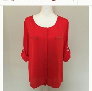 Anne Klein Red Top Blouse Roll Up Sleeve - Large